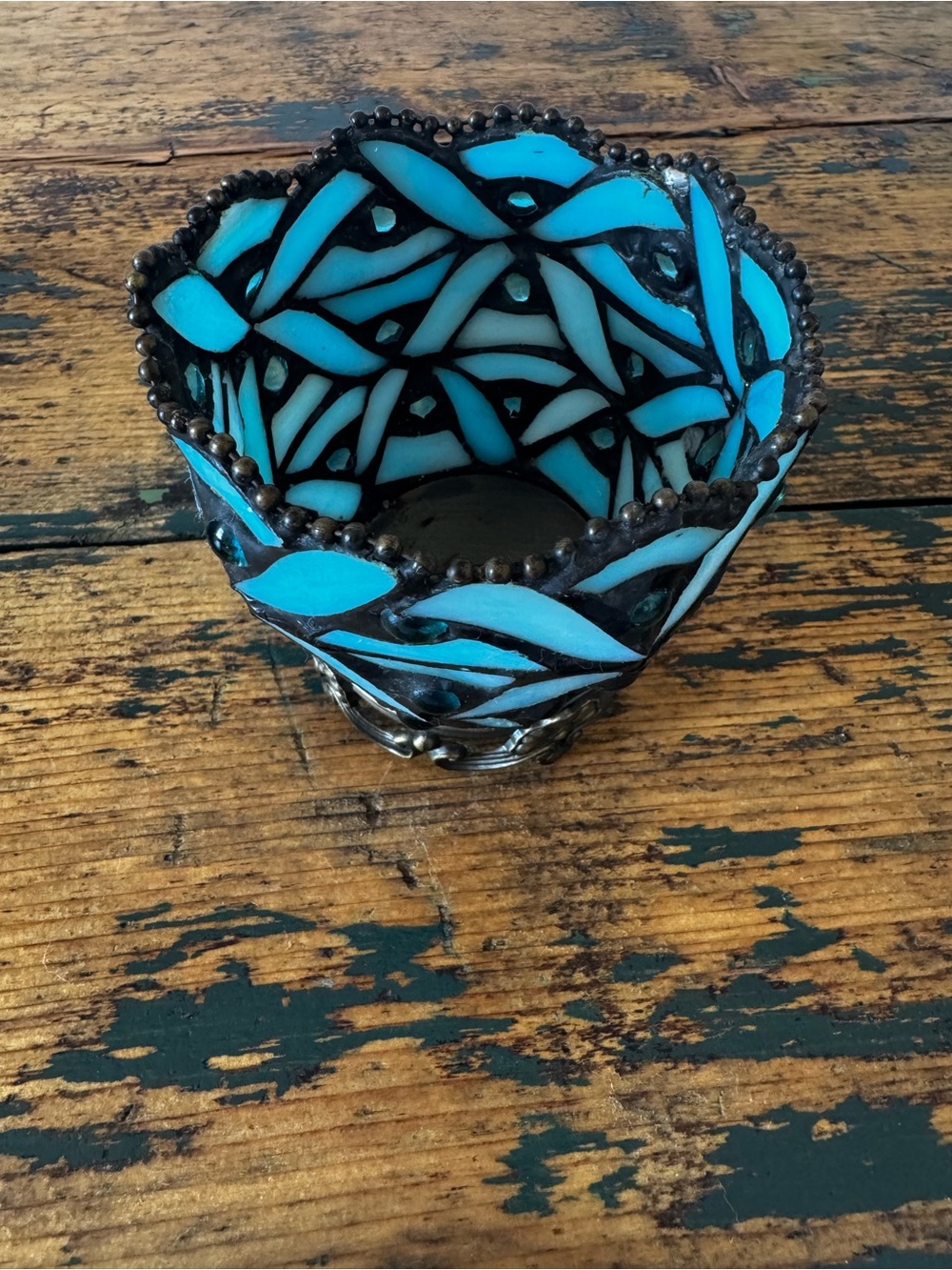 PartyLite Blue and Turquoise Mosaic Glass Votive Holder